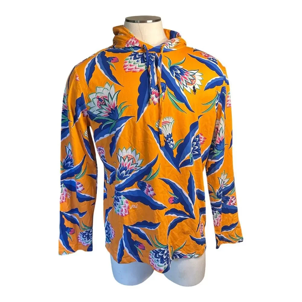 NWT Men L Polo Ralph Lauren Orange Pullover Hoodie Floral Print Beach Sweatshirt